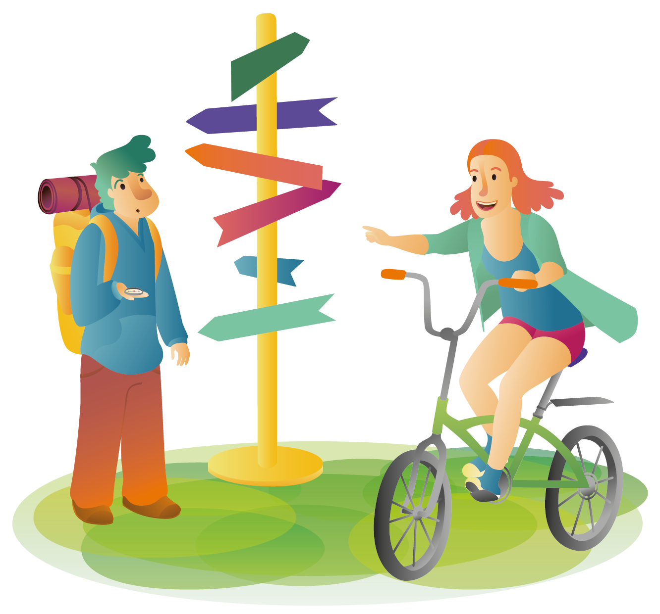 Ilustración: una ciclista señala el camino a un viajero con mochila frente a un poste lleno de señales